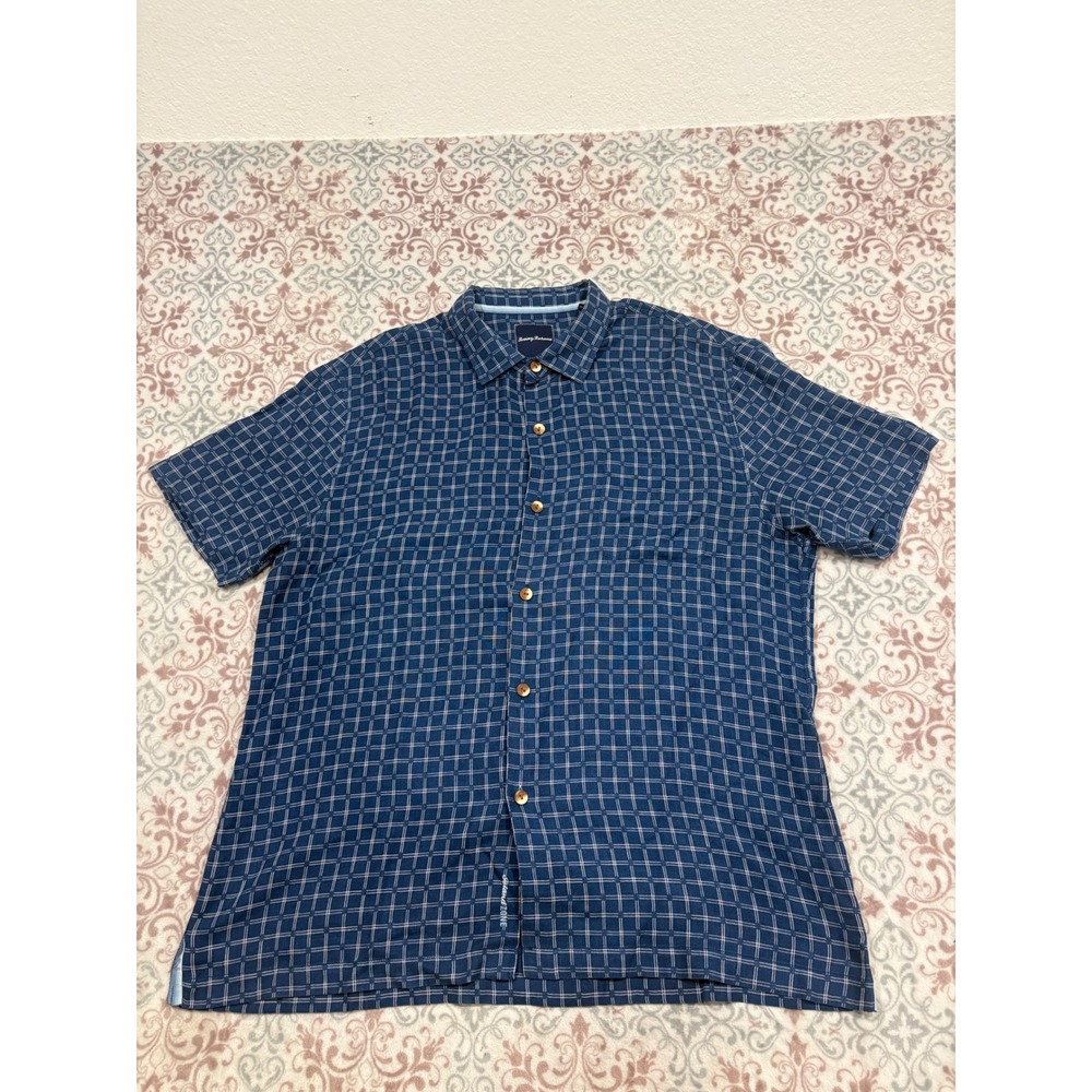 Tommy Bahama IslandZone Mens XL Blue Grid Silk Blend Short Sleeve Button Down